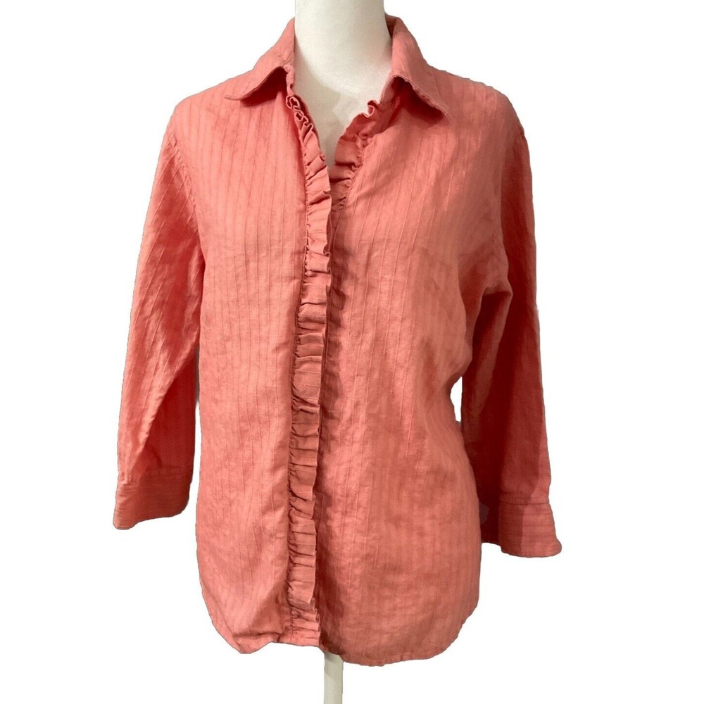 Liz Claiborne Coral Blouse  med. Linen/Cotton .  Button Up.   LTOP795